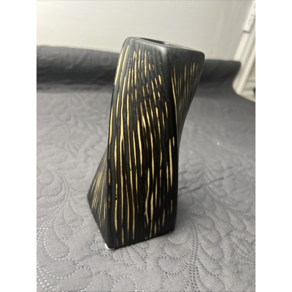 Black Ceramic Vase Textured Floral Spiral Line Design Eclectic Home Decor Accent